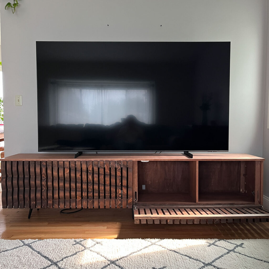 wooden wave slat entertainment center-open