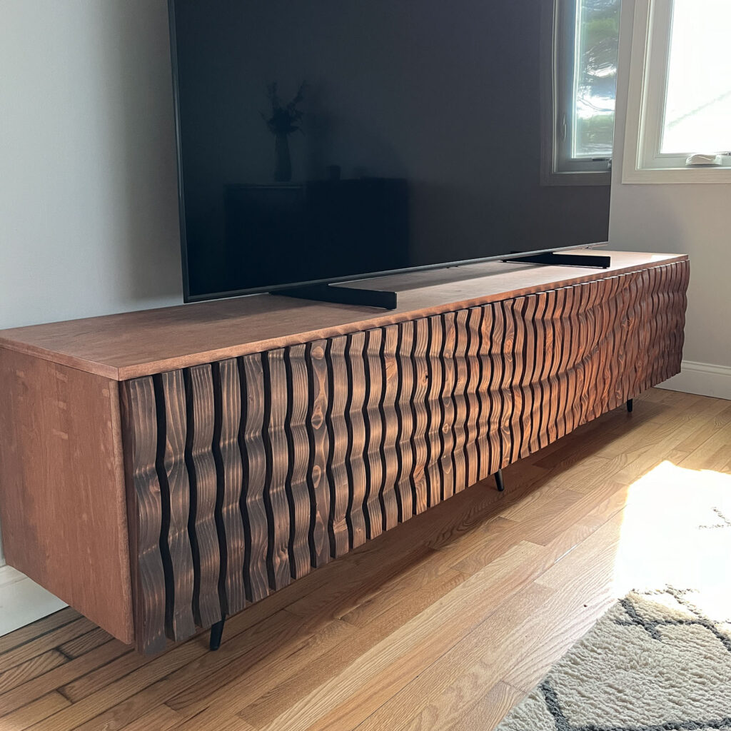 wooden wave slat entertainment center-side